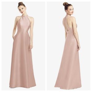 NWT Alfred Sung | High-Neck Cutout Satin Bridesmaid Dress Toasted Sugar 12